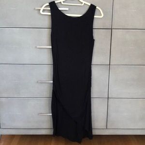 Black fitted dress w ruched torso, asymmetrical